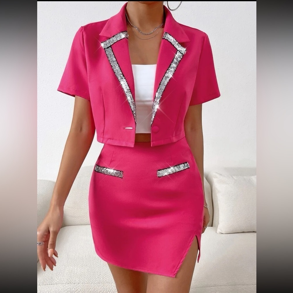 SHEIN Hot Pink Sequin Trim Crop Blazer & Split Hem Skirt 2 Piece Set Barbiecore